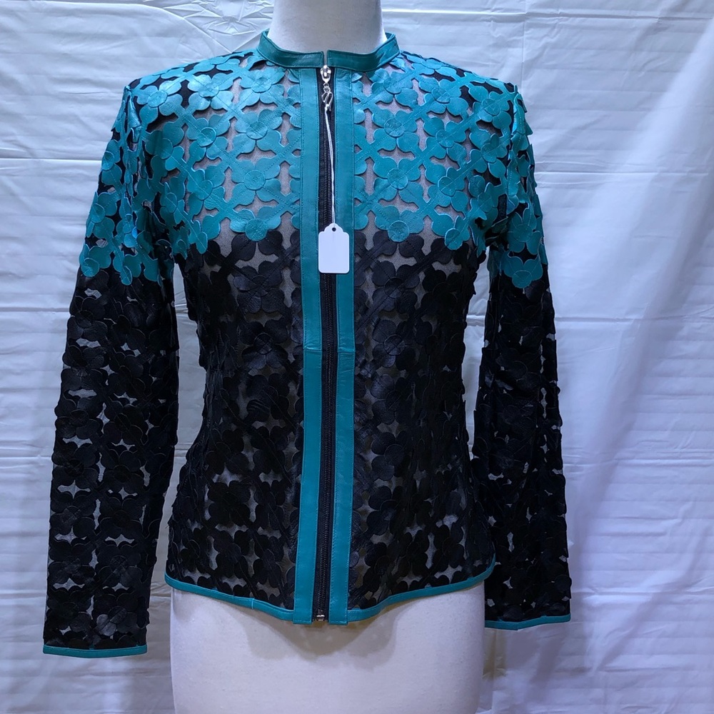 Turquoise color and black Leather mesh jacket